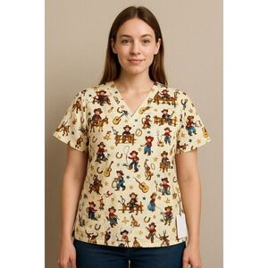 Melanie D Western Scrubs‎ Top Women's Medium Equestrian Retro  Western Rodeo